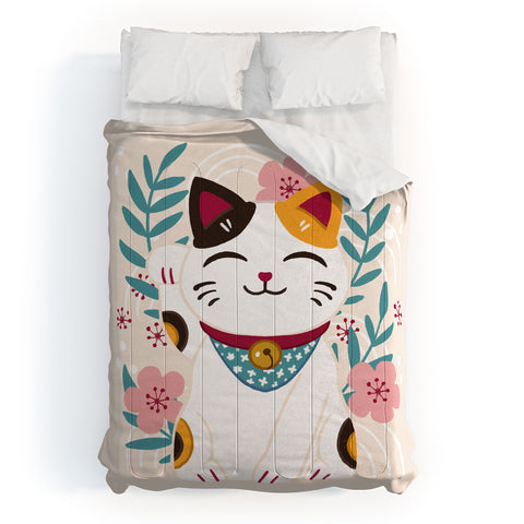 Avenie Lucky Cat and Cherry Blossoms Comforter