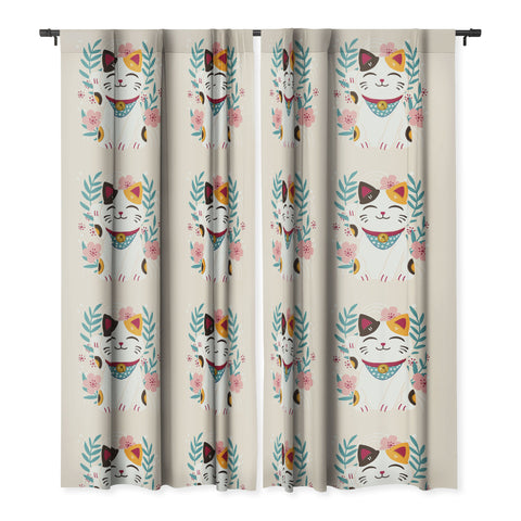 Avenie Lucky Cat and Cherry Blossoms Blackout Window Curtain