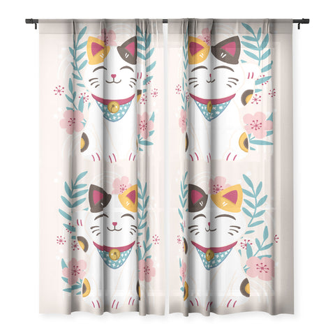 Avenie Lucky Cat and Cherry Blossoms Sheer Non Repeat