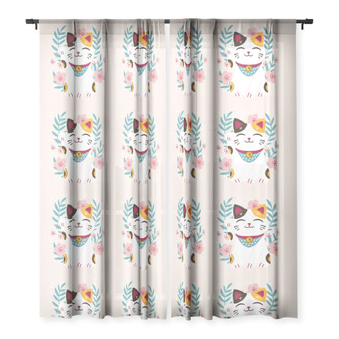 Avenie Lucky Cat and Cherry Blossoms Sheer Window Curtain