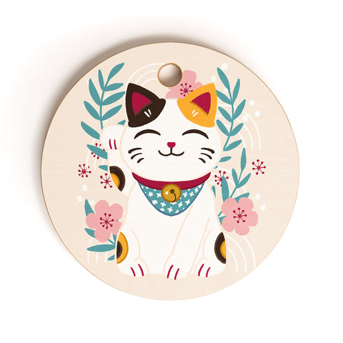 Avenie Lucky Cat and Cherry Blossoms Cutting Board Round