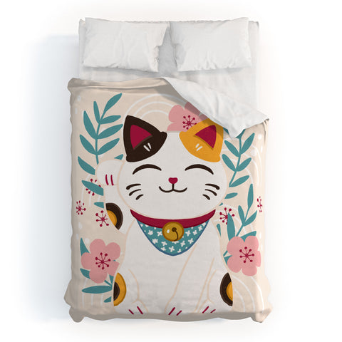 Avenie Lucky Cat and Cherry Blossoms Duvet Cover