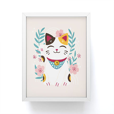 Avenie Lucky Cat and Cherry Blossoms Framed Mini Art Print
