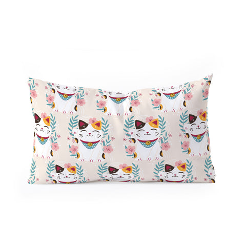 Avenie Lucky Cat and Cherry Blossoms Oblong Throw Pillow