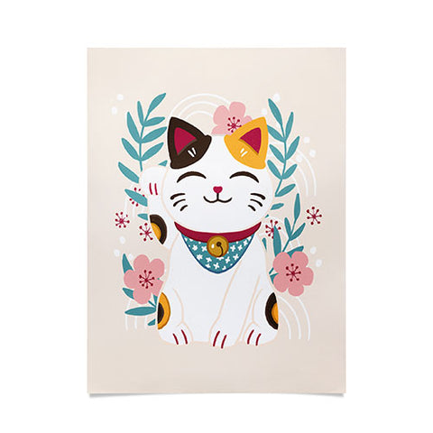 Avenie Lucky Cat and Cherry Blossoms Poster
