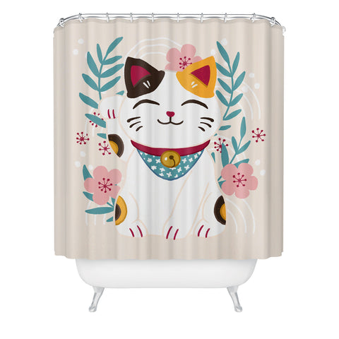 Avenie Lucky Cat and Cherry Blossoms Shower Curtain