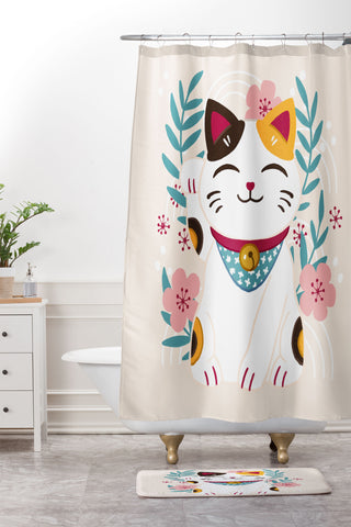 Avenie Lucky Cat and Cherry Blossoms Shower Curtain And Mat