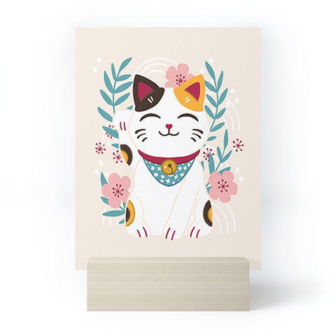 Avenie Lucky Cat and Cherry Blossoms Mini Art Print