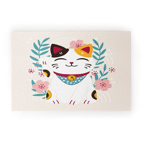 Avenie Lucky Cat and Cherry Blossoms Welcome Mat