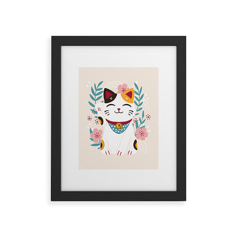 Avenie Lucky Cat and Cherry Blossoms Framed Art Print
