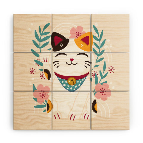 Avenie Lucky Cat and Cherry Blossoms Wood Wall Mural