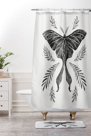 Avenie Luna Moth Black and White Shower Curtain And Mat