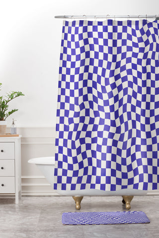 Avenie Medium Warped Checker Blue Shower Curtain And Mat