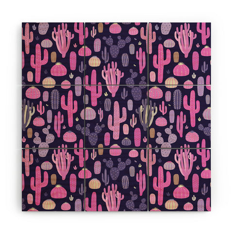 Avenie Midnight Desert Cacti Wood Wall Mural