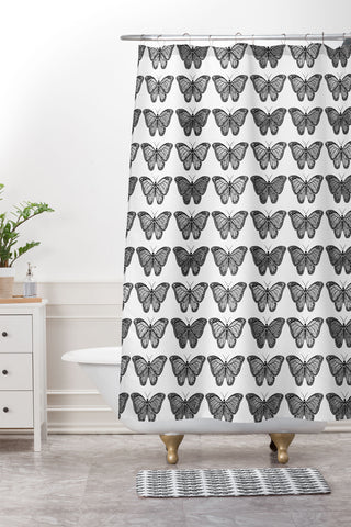 Avenie Monarch Butterfly Black and White Shower Curtain And Mat