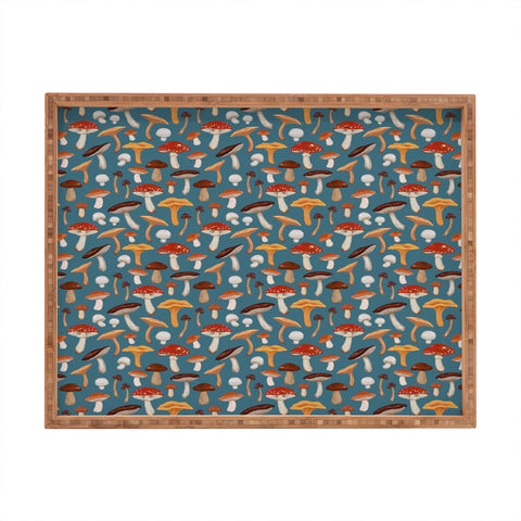 Avenie Mushrooms In Teal Pattern Rectangular Tray