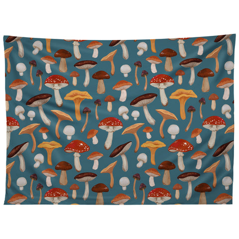 Avenie Mushrooms In Teal Pattern Tapestry