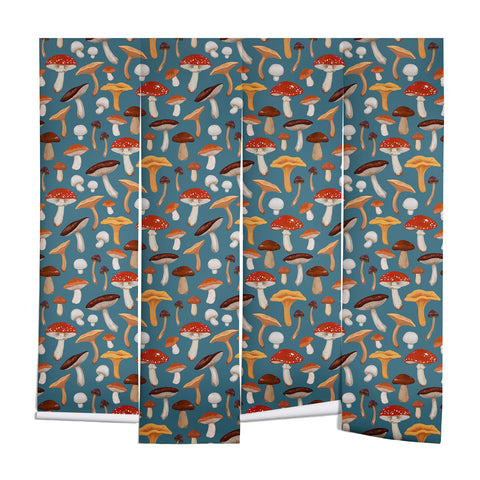 Avenie Mushrooms In Teal Pattern Wall Mural
