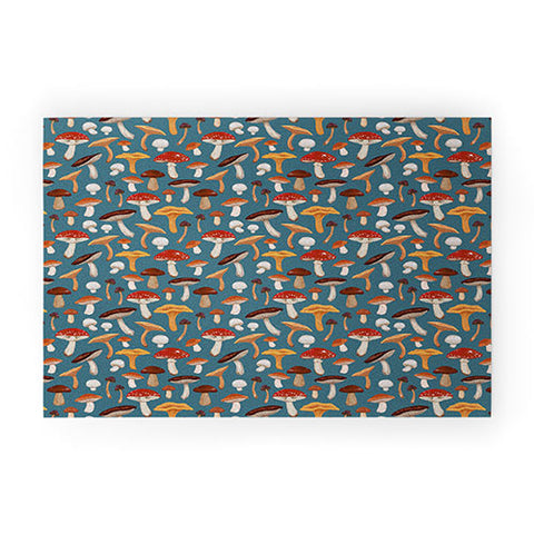 Avenie Mushrooms In Teal Pattern Welcome Mat