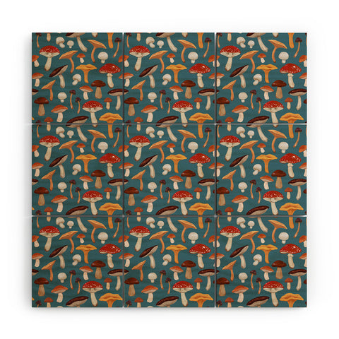 Avenie Mushrooms In Teal Pattern Wood Wall Mural