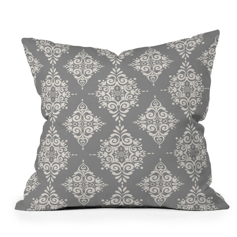 Avenie Ornate Damask Gray Throw Pillow