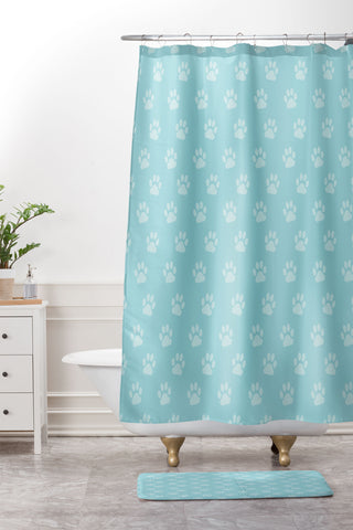 Avenie Paw Print Pattern Blue Shower Curtain And Mat
