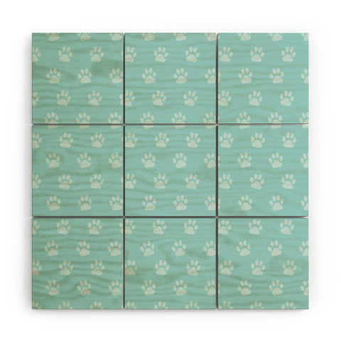 Avenie Paw Print Pattern Blue Wood Wall Mural
