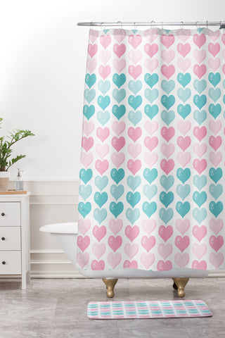 Avenie Pink and Blue Hearts Shower Curtain And Mat