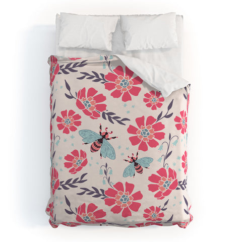 Avenie Spring Bees Coral Duvet Cover