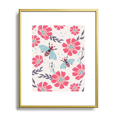 Avenie Spring Bees Coral Metal Framed Art Print