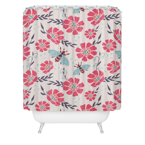 Avenie Spring Bees Coral Shower Curtain