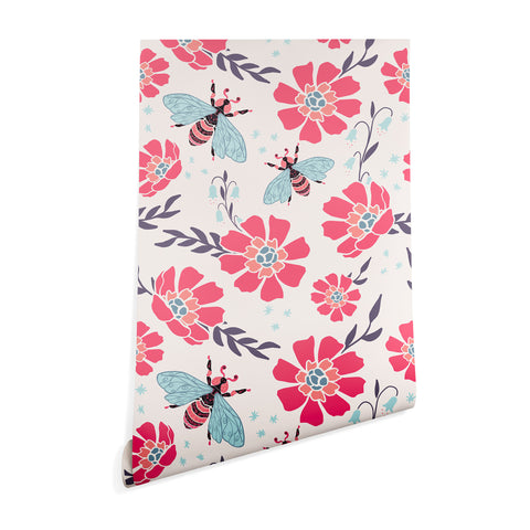 Avenie Spring Bees Coral Wallpaper