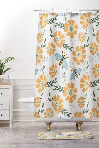 Avenie Spring Bees Orange Shower Curtain And Mat