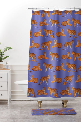 Avenie Tigers in Periwinkle Shower Curtain And Mat