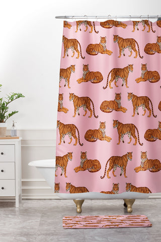 Avenie Tigers in Pink Shower Curtain And Mat