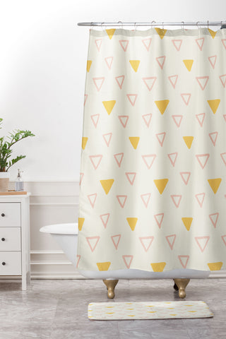 Avenie Triangles Pink and Yellow Shower Curtain And Mat