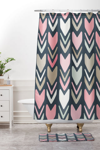 Avenie Tribal Chevron Pink and Navy Shower Curtain And Mat