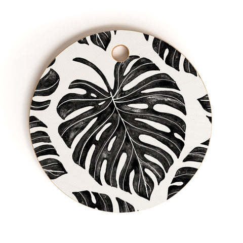 Avenie Tropical Palm Leaves Black Cutting Board Round