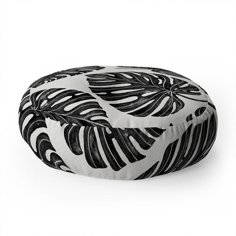 Avenie Tropical Palm Leaves Black Floor Pillow Round
