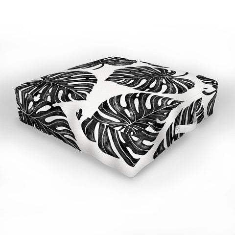 Avenie Tropical Palm Leaves Black Outdoor Floor Cushion