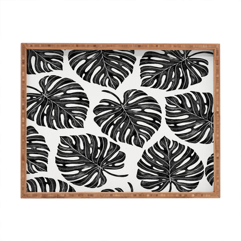 Avenie Tropical Palm Leaves Black Rectangular Tray