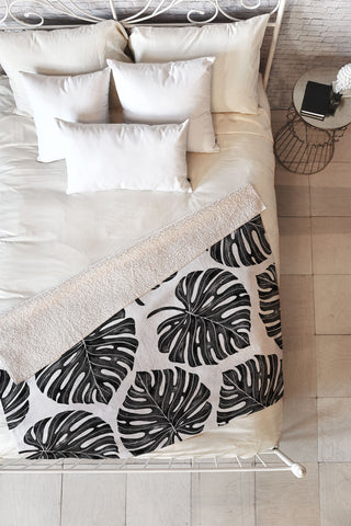 Avenie Tropical Palm Leaves Black Fleece Throw Blanket