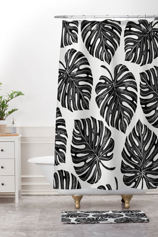 Avenie Tropical Palm Leaves Black Shower Curtain And Mat