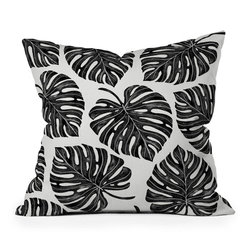 Avenie Tropical Palm Leaves Black Throw Pillow
