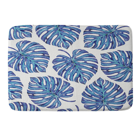 Avenie Tropical Palm Leaves Blue Memory Foam Bath Mat