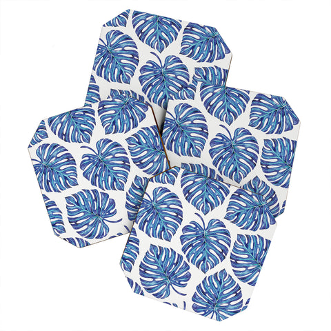 Avenie Tropical Palm Leaves Blue Coaster Set
