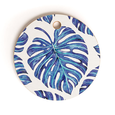 Avenie Tropical Palm Leaves Blue Cutting Board Round