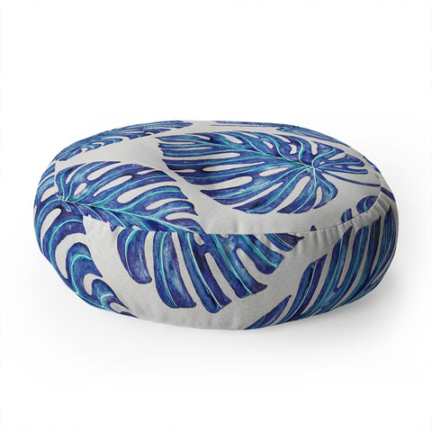 Avenie Tropical Palm Leaves Blue Floor Pillow Round