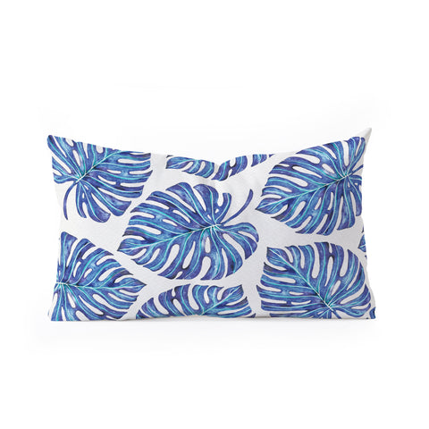 Avenie Tropical Palm Leaves Blue Oblong Throw Pillow