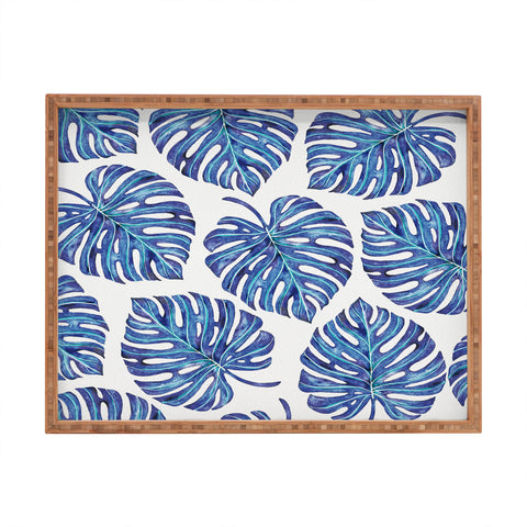 Avenie Tropical Palm Leaves Blue Rectangular Tray